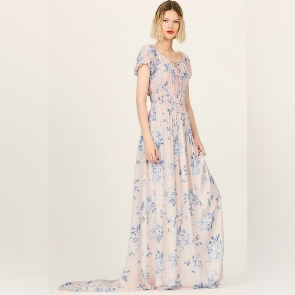 Reformation Blush Pink Floral Maxi Dress with Blue Print